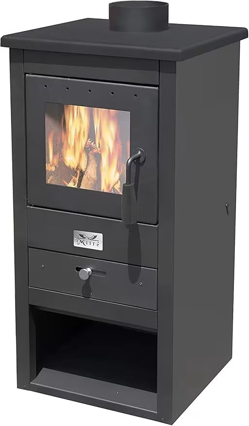 Stufa a legna e carbone ATHENA 13 kW 44x45x94 cm, acciaio nero, vetro ceramico